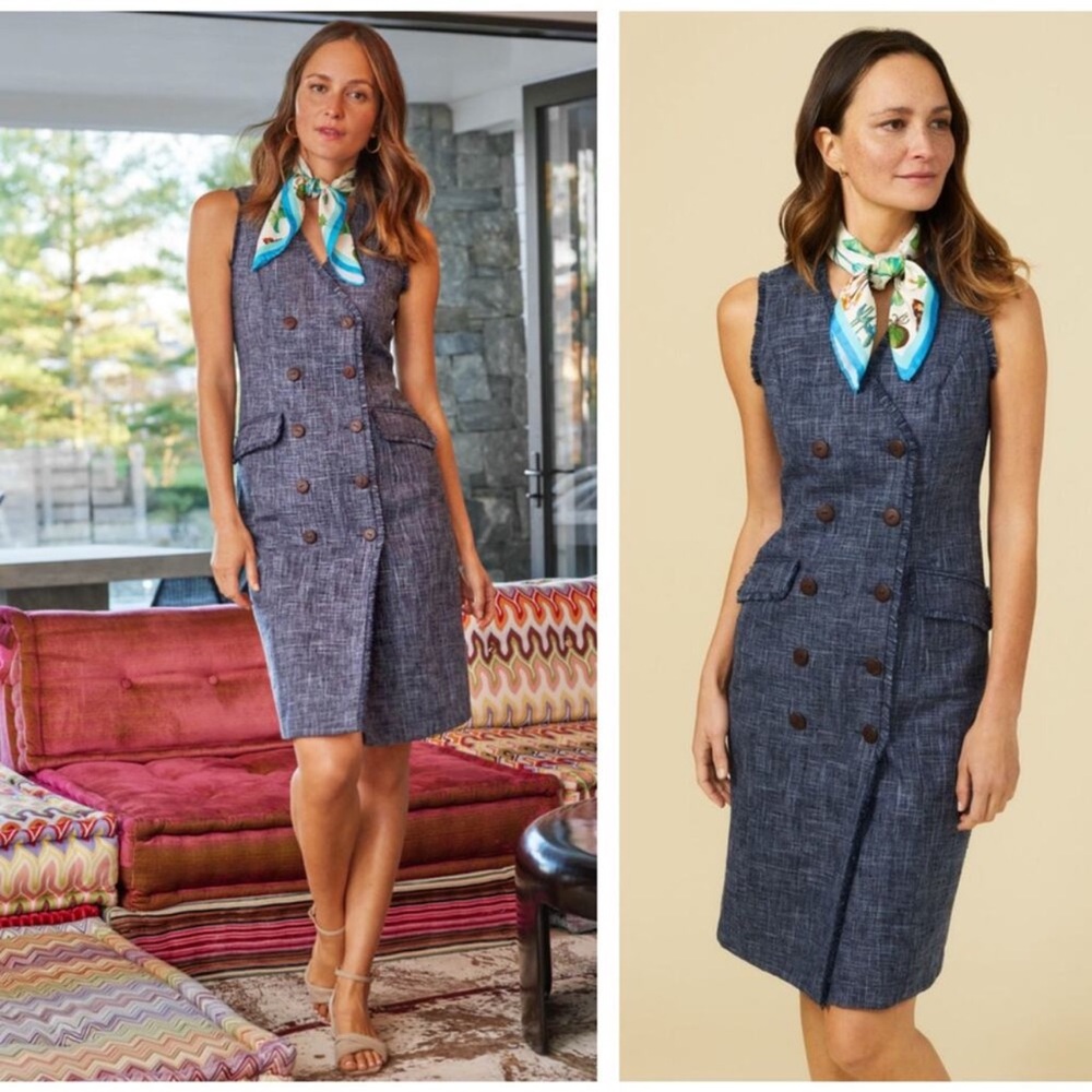 J McLaughlin pia Double Breasted Fringe Tweed Denim Chambray Dress‎ Sz 12